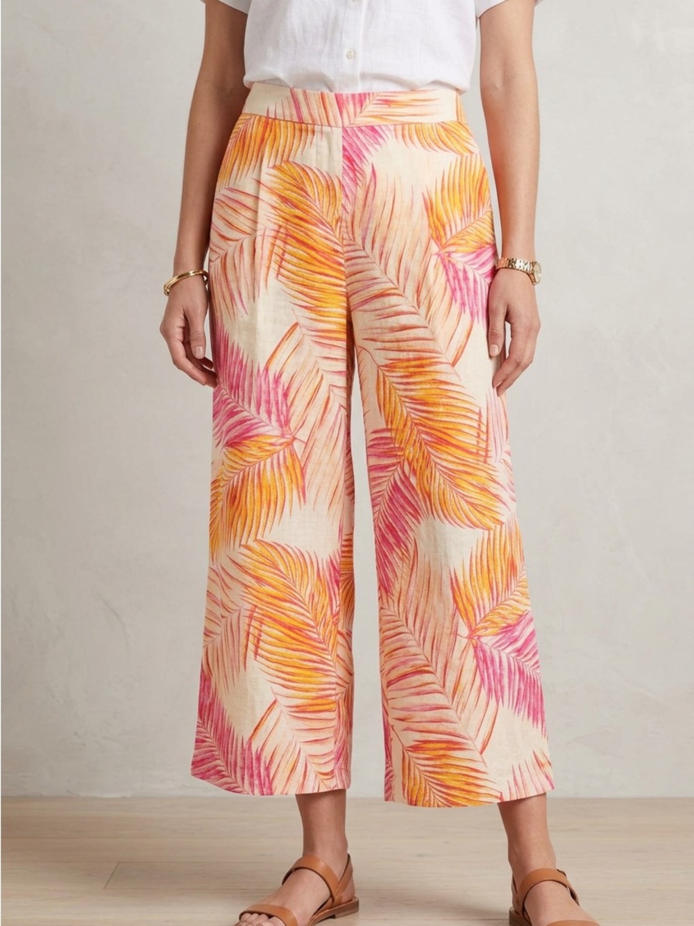 Tahari 100% Linen Palm Leaf Print Wide Leg Crop Pants XL Tropical Pink Yellow